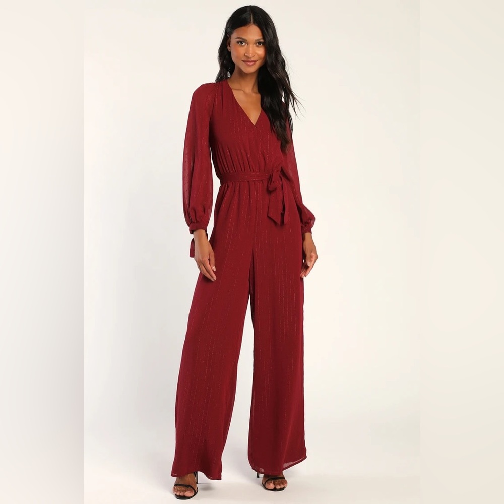 Lulus Beyond Magnificent Burgundy Metallic Swiss Dot Wide-Leg Jumpsuit- NWT! XL